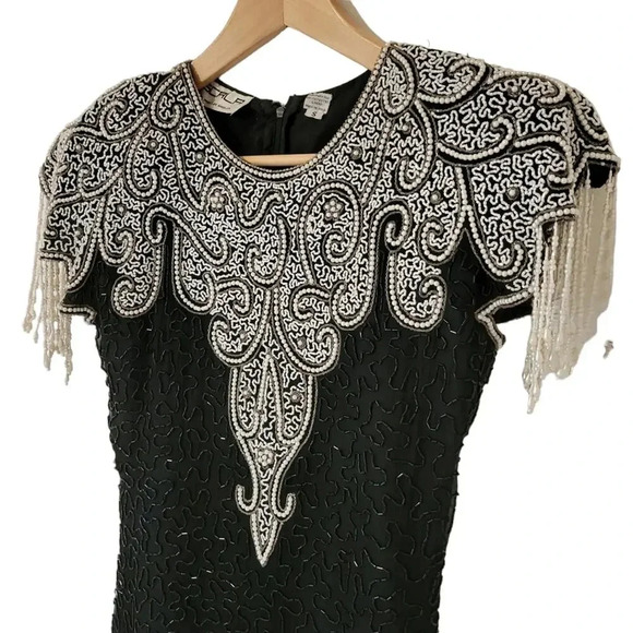 Vintage Scala 1990s Silk Beaded Sequins Evening Cocktail Dress Small - Picture 3 of 7